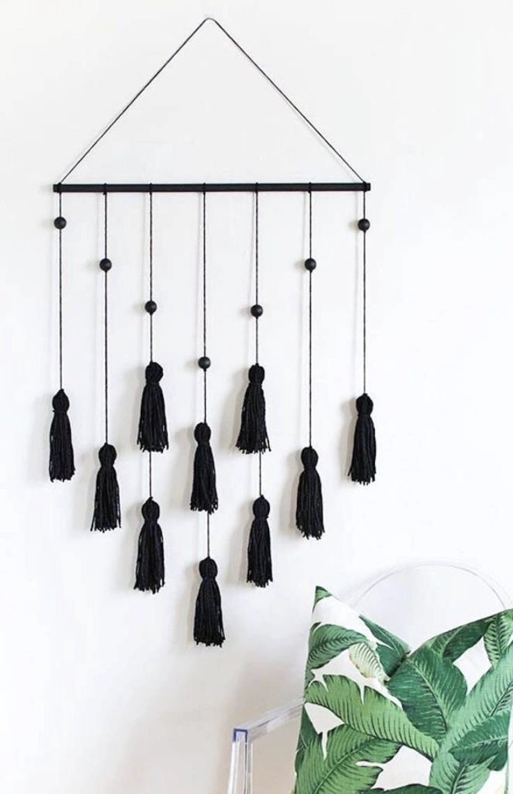 Statement Black Tassel Wall Hanging with Geometric Frame