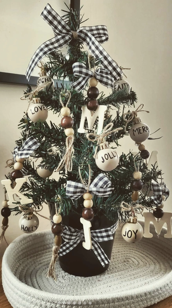 Mini Christmas Tree with Buffalo Check Ribbon and DIY Letter Ornaments