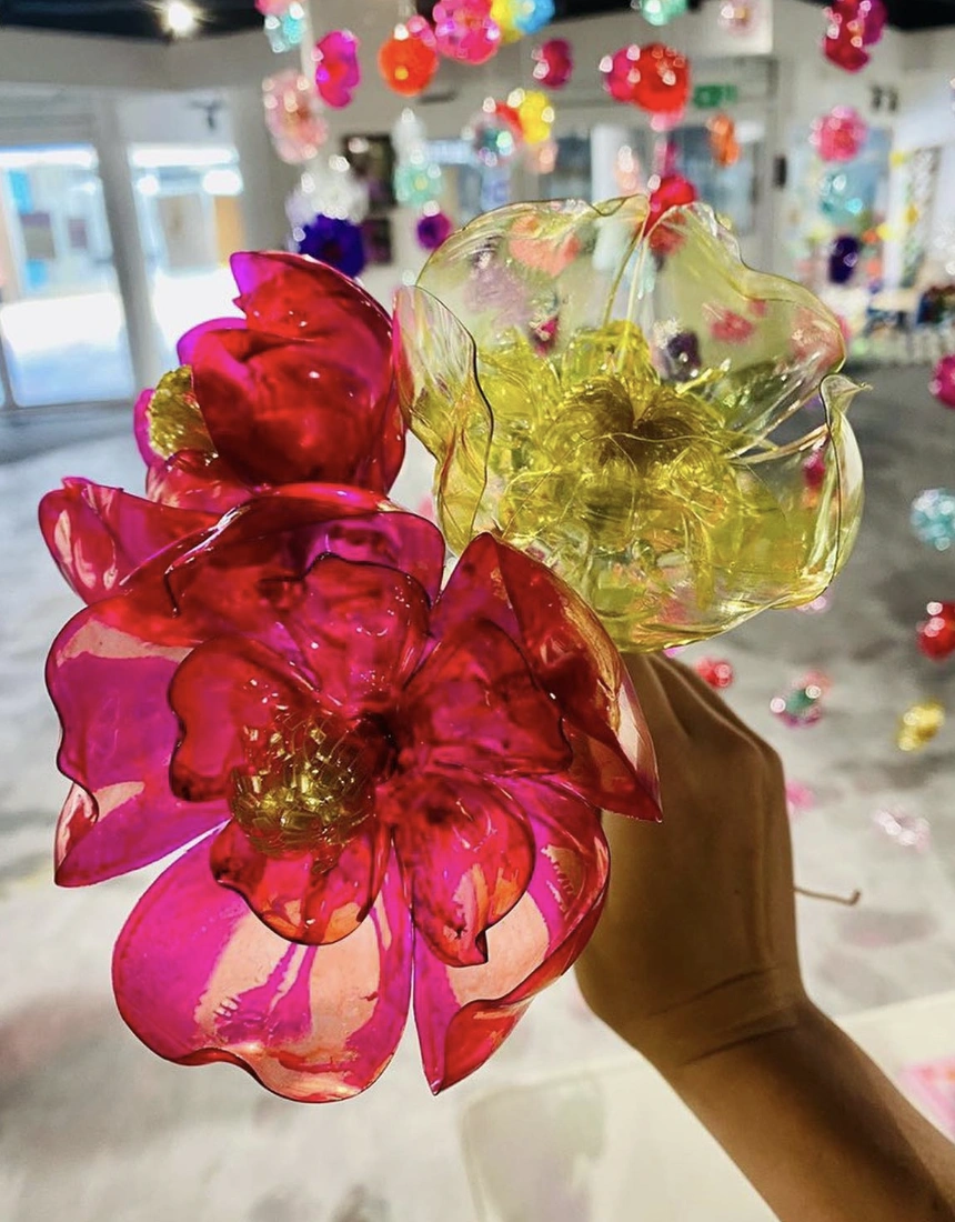 Green Plastic Bottle Flowers with Pearl Accents