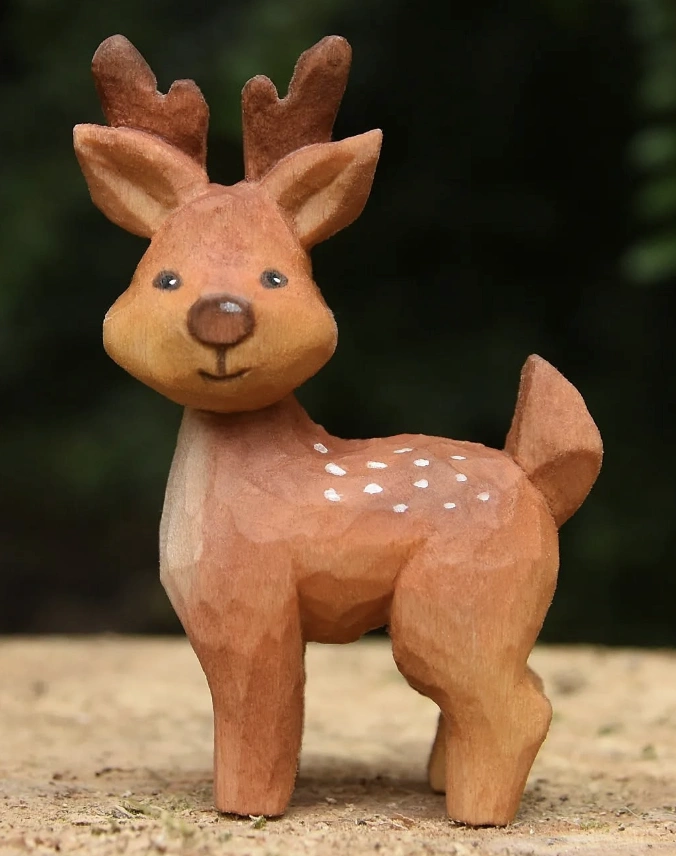 Hand-Carved Wooden Fawn with Painted Details
