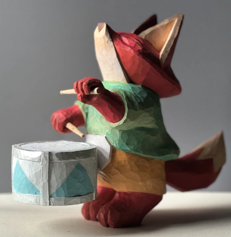 Hand-Carved Wooden Fox Playing Drum Figurine
