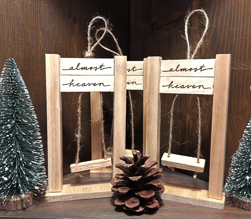 Mini Wooden Swing Ornament with -Almost Heaven- Engraving