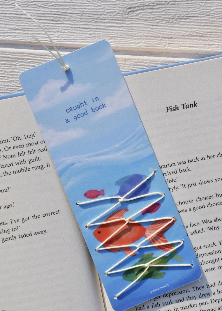 Caught in a Good Book Fish Tank Bookmark with Embroidered String