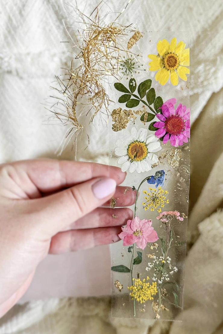 Resin Bookmark with Pressed Flowers and Gold Flakes
