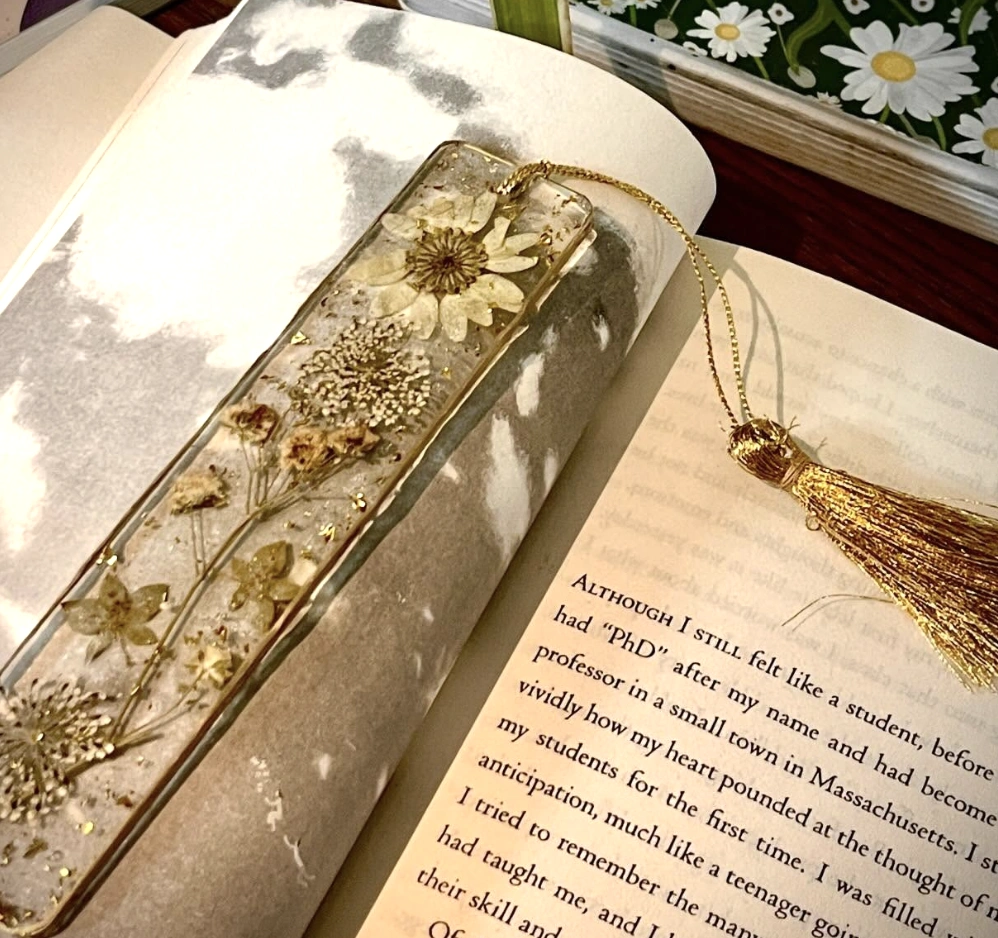 Dried Flower Resin Bookmark with Gold Tassel