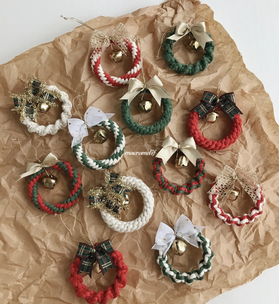 Mini Macrame Wreath Ornaments with Jingle Bells and Festive Bows