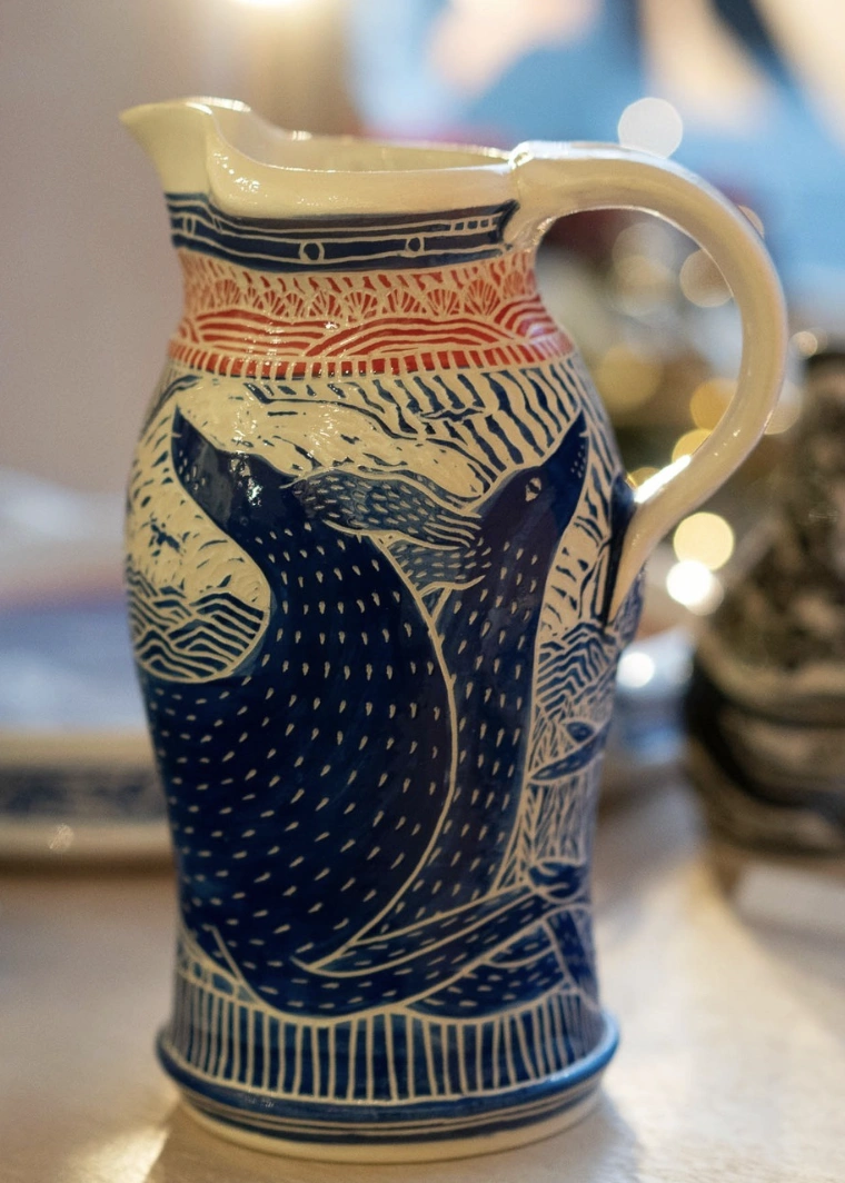 Unique Blue and White Hand Painted Pottery Pitcher