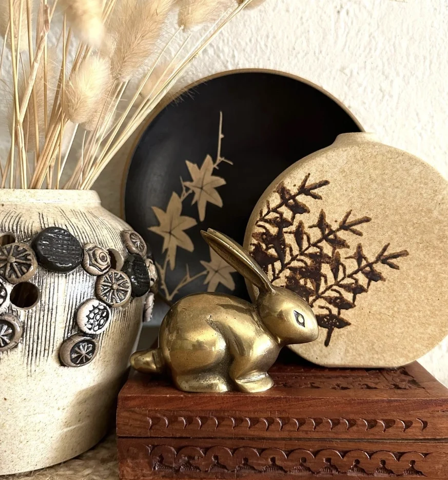 Trio of Textured Pottery Planters with Botanical Accents