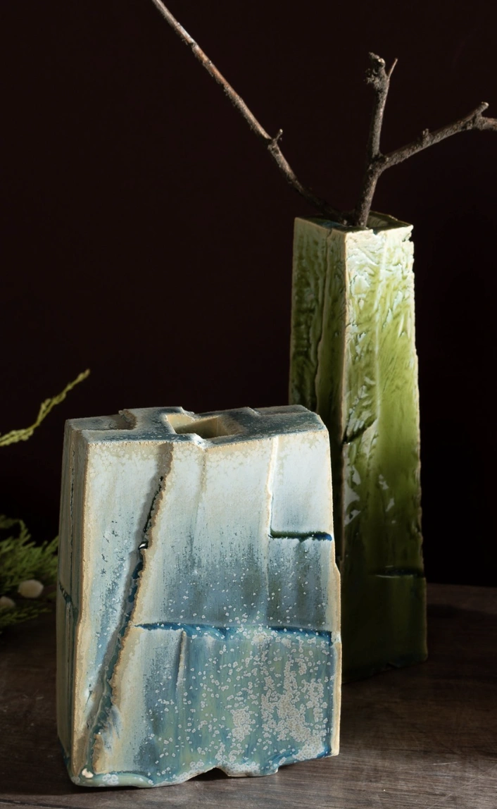 Geometric Pottery Vases: Blue-Gray & Textured Green