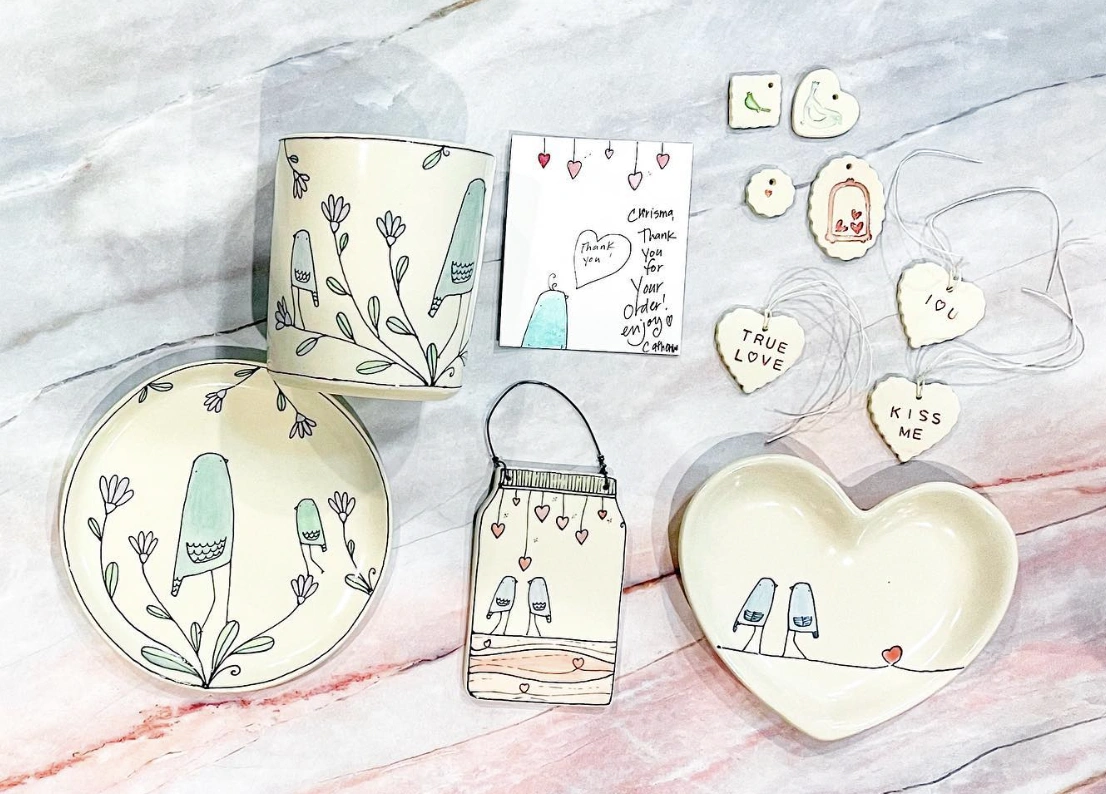 Hand-Painted Floral Spoons in Ceramic Basket