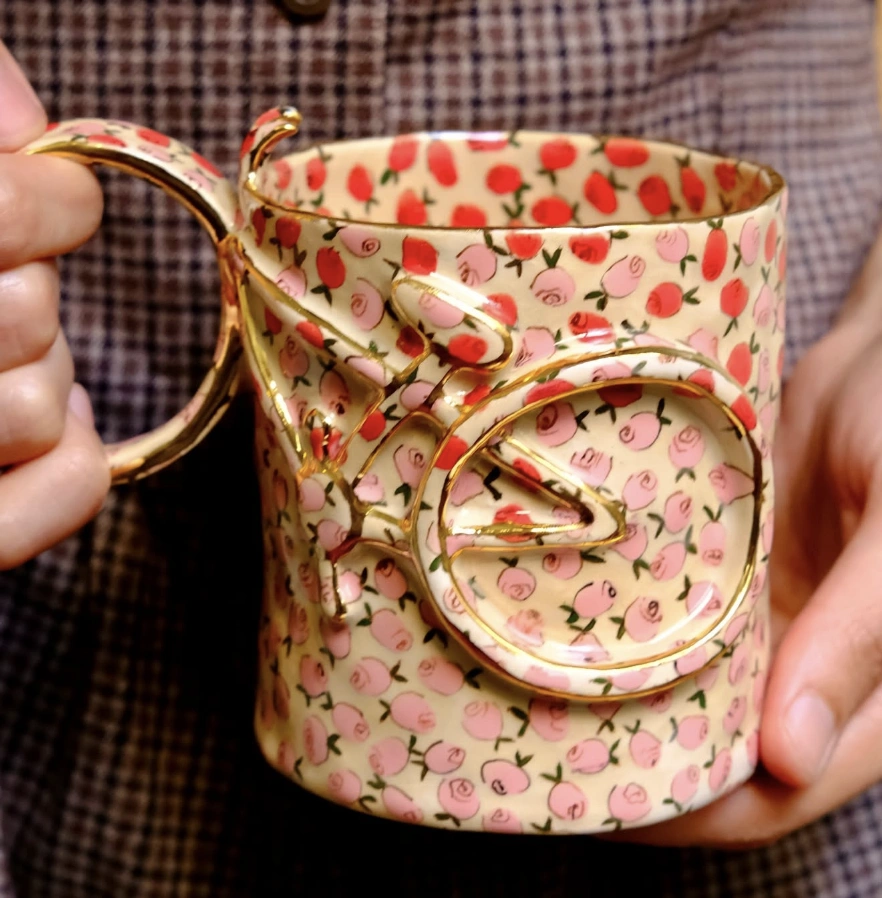 Hand-Painted Floral Spoons in Ceramic Basket