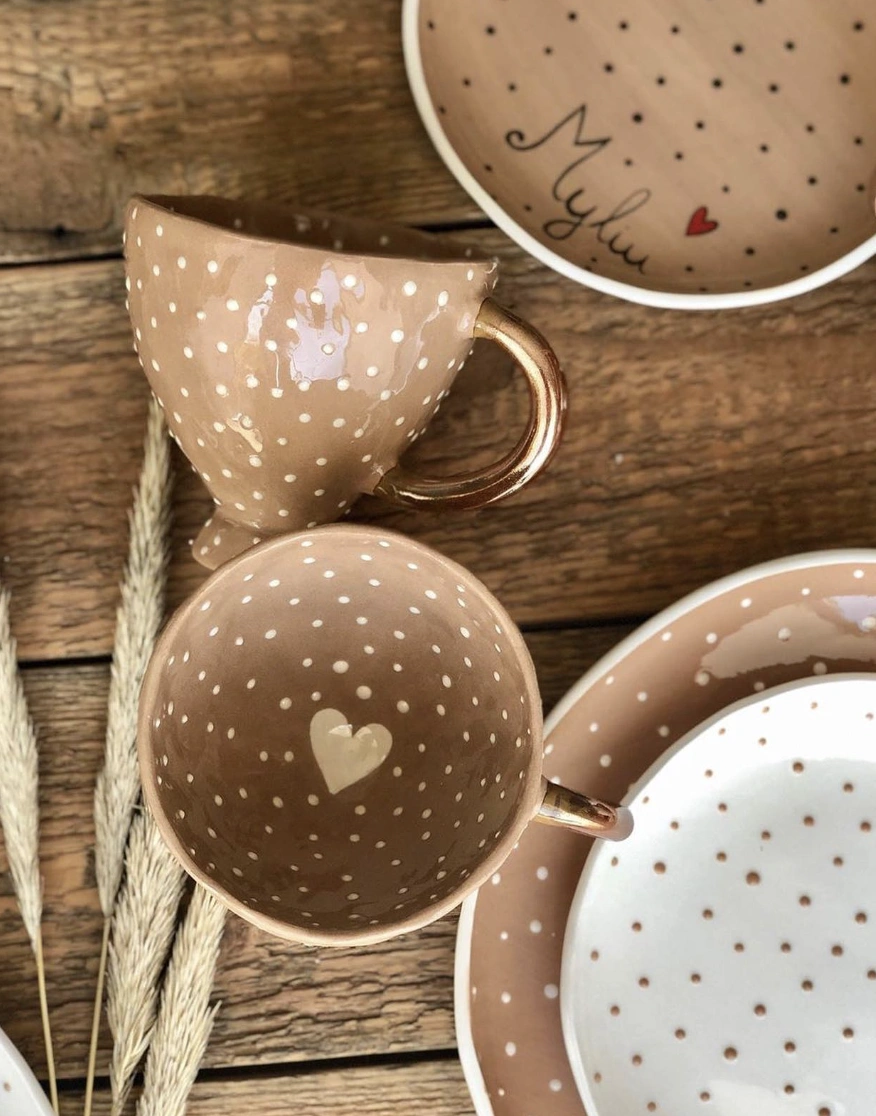 Polka Dot Pottery: Handmade Coffee Mugs and Matching Plate Set