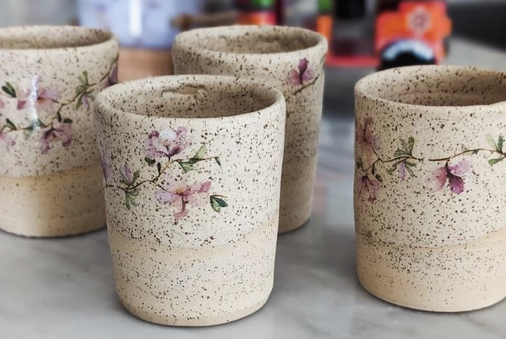 Hand-Painted Floral Spoons in Ceramic Basket