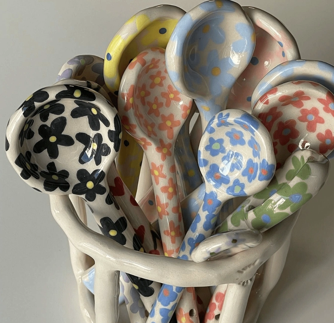 Hand-Painted Floral Spoons in Ceramic Basket
