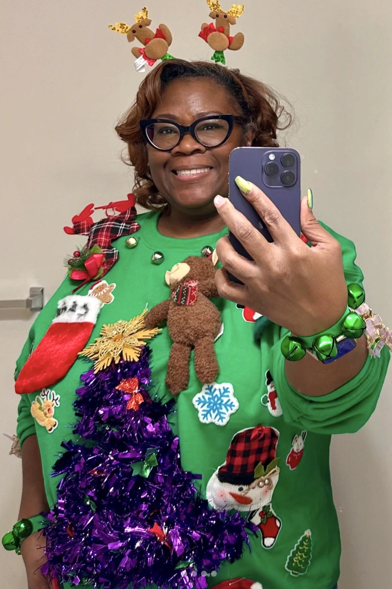 Maximalist Green Crewneck Sweater with Stocking, Tree, and Bell Sleeves