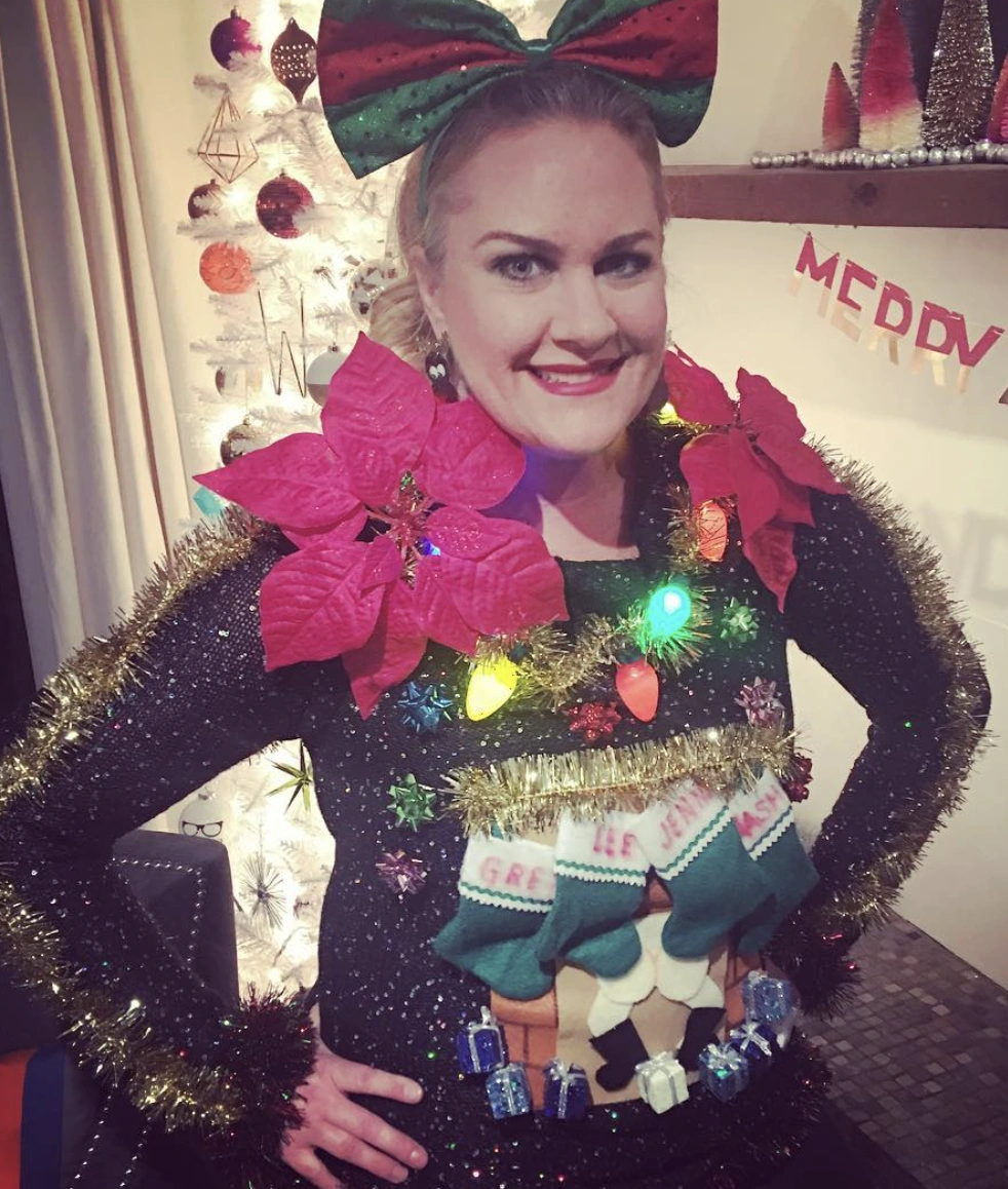 Upcycled Green Cardigan Dress with Garland and Ornaments