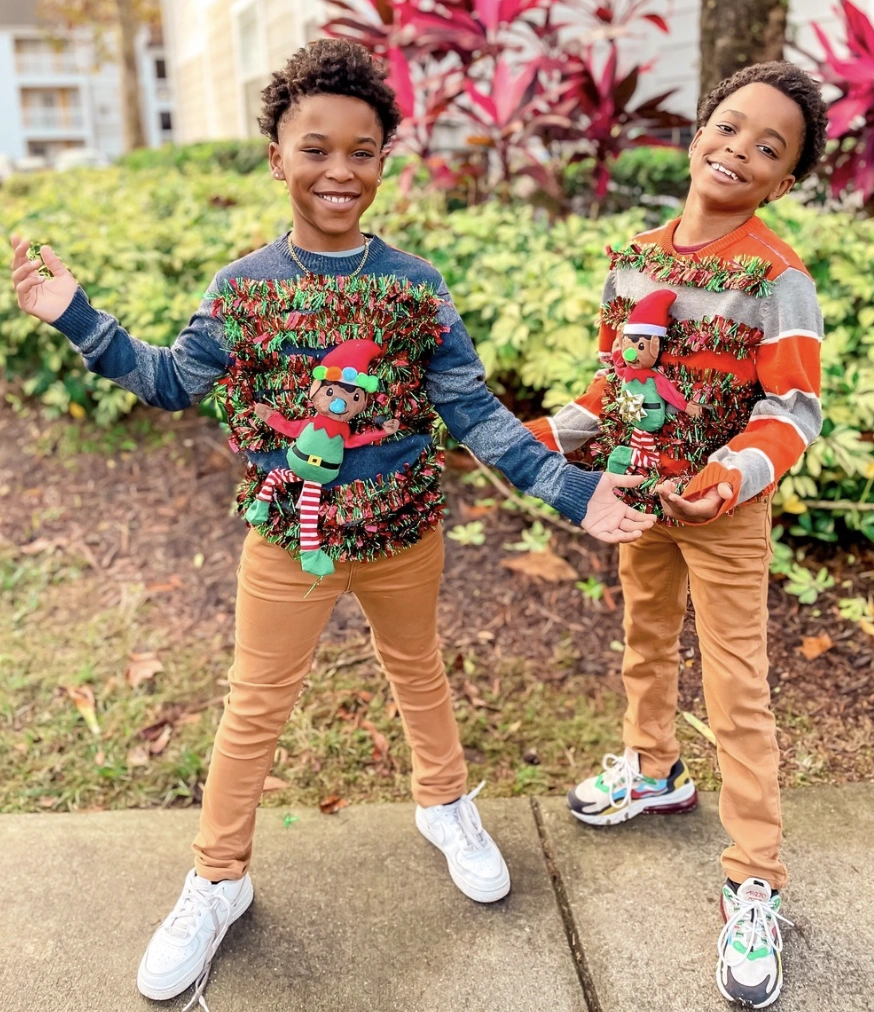 Festive Elf DIY Ugly Christmas Sweater With Tinsel and Matching Khaki Pants