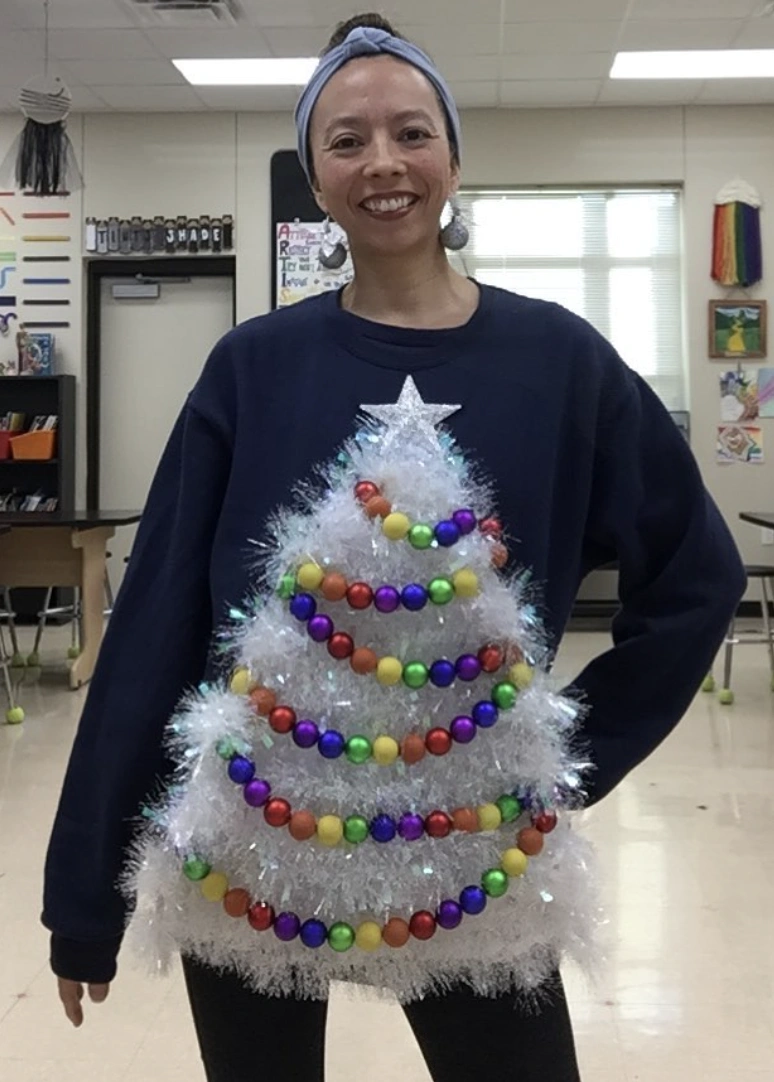 Navy Sweatshirt Transformed into Tinsel Christmas Tree