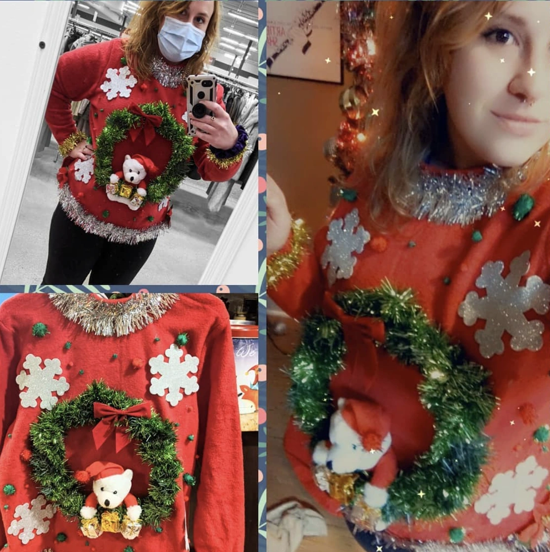 DIY Christmas Tree Tinsel Sweater with Ornaments