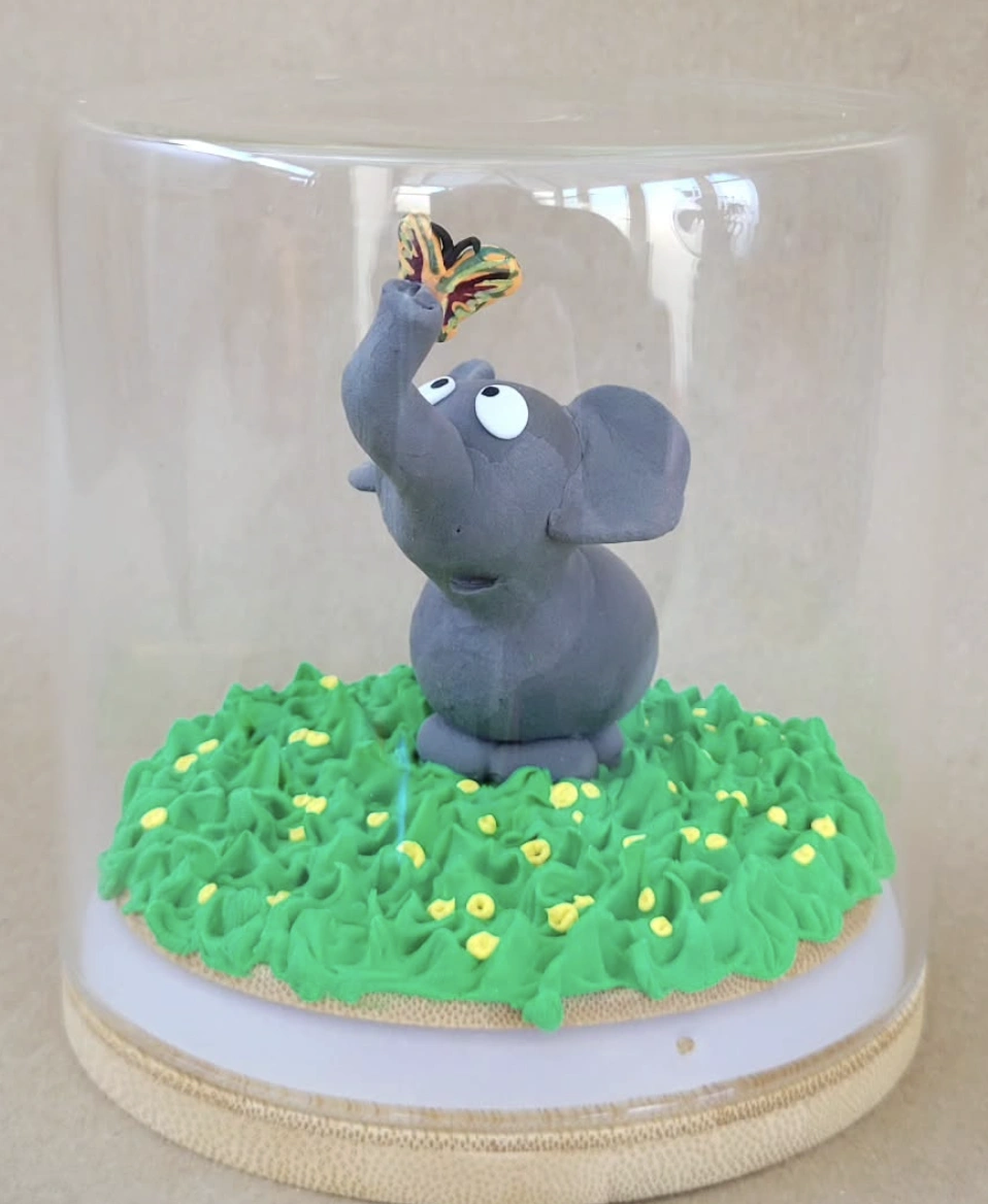 Grey Elephant with Butterfly Foam Clay Diy in a Glass Cloche