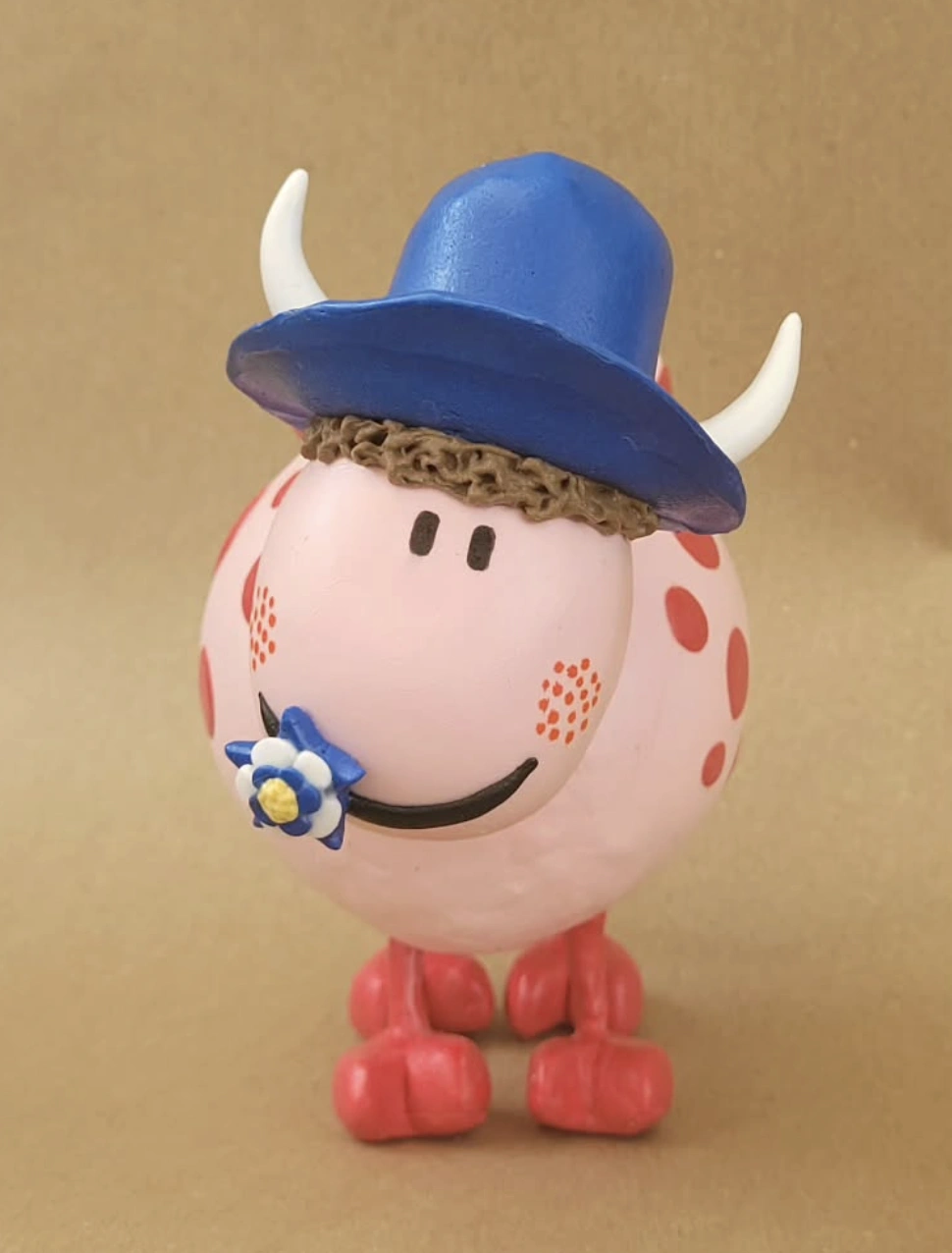 Quirky Cow Figurine with Hat and Flower, Made of Foam Clay