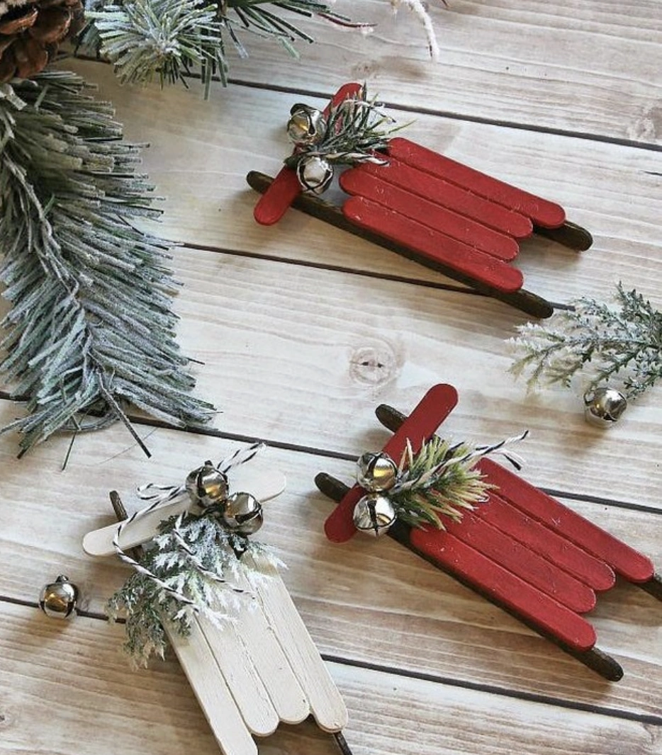 Rustic Popsicle Stick Sled Ornaments with Jingle Bells