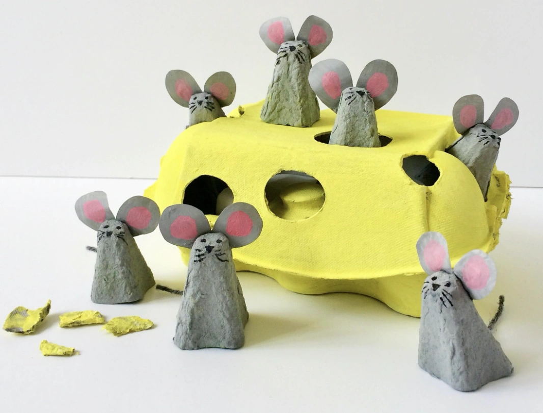 Egg Carton Cheese with Painted Cardboard Mice