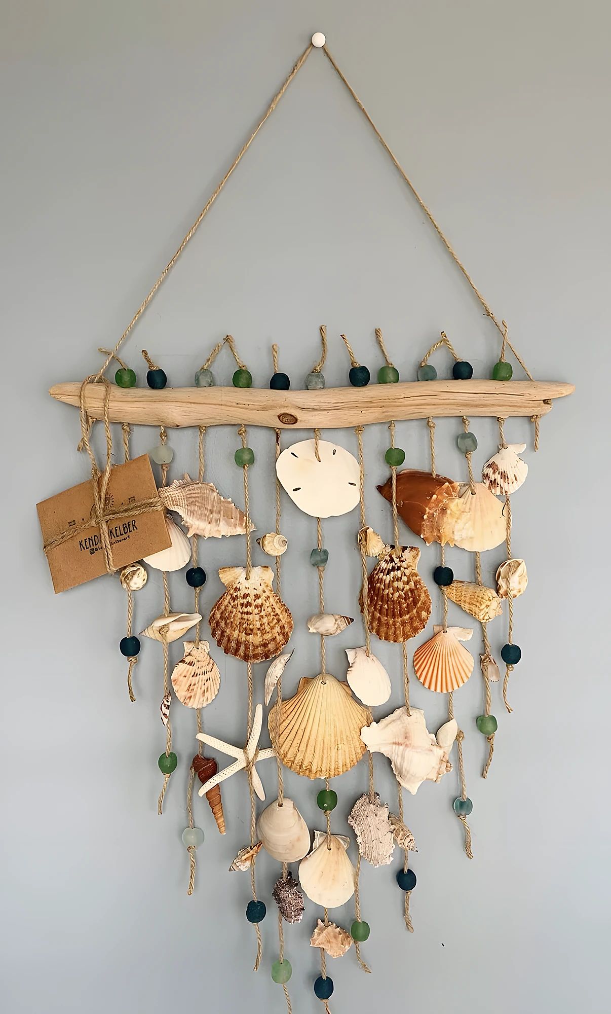 Driftwood Shell Wind Chime with Rope Hanger and Sea Glass Beads
