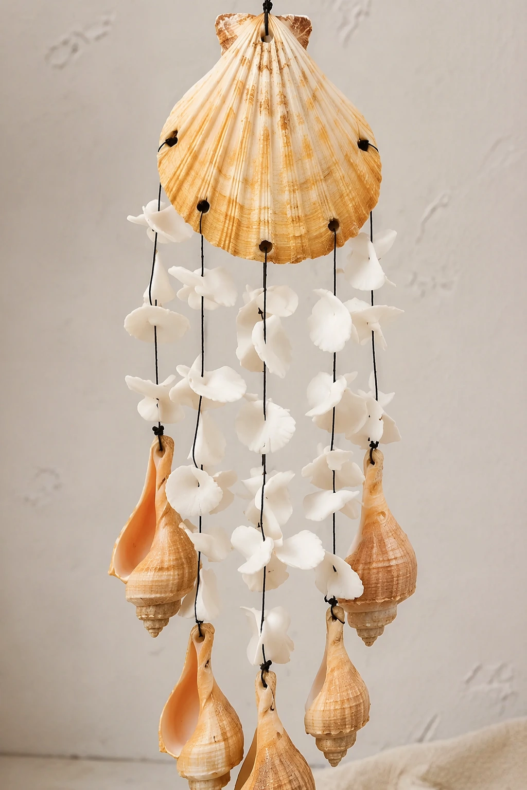 Shell Wind Chime With Soft White Petals and Hanging Conch Details