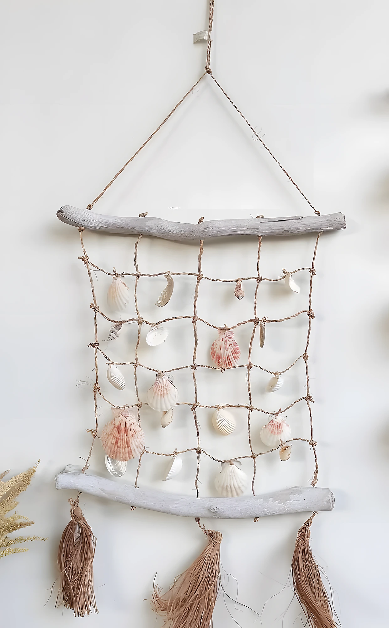 Shell-Trimmed Dreamcatcher Wind Chime with Pearl Beads and Tassels