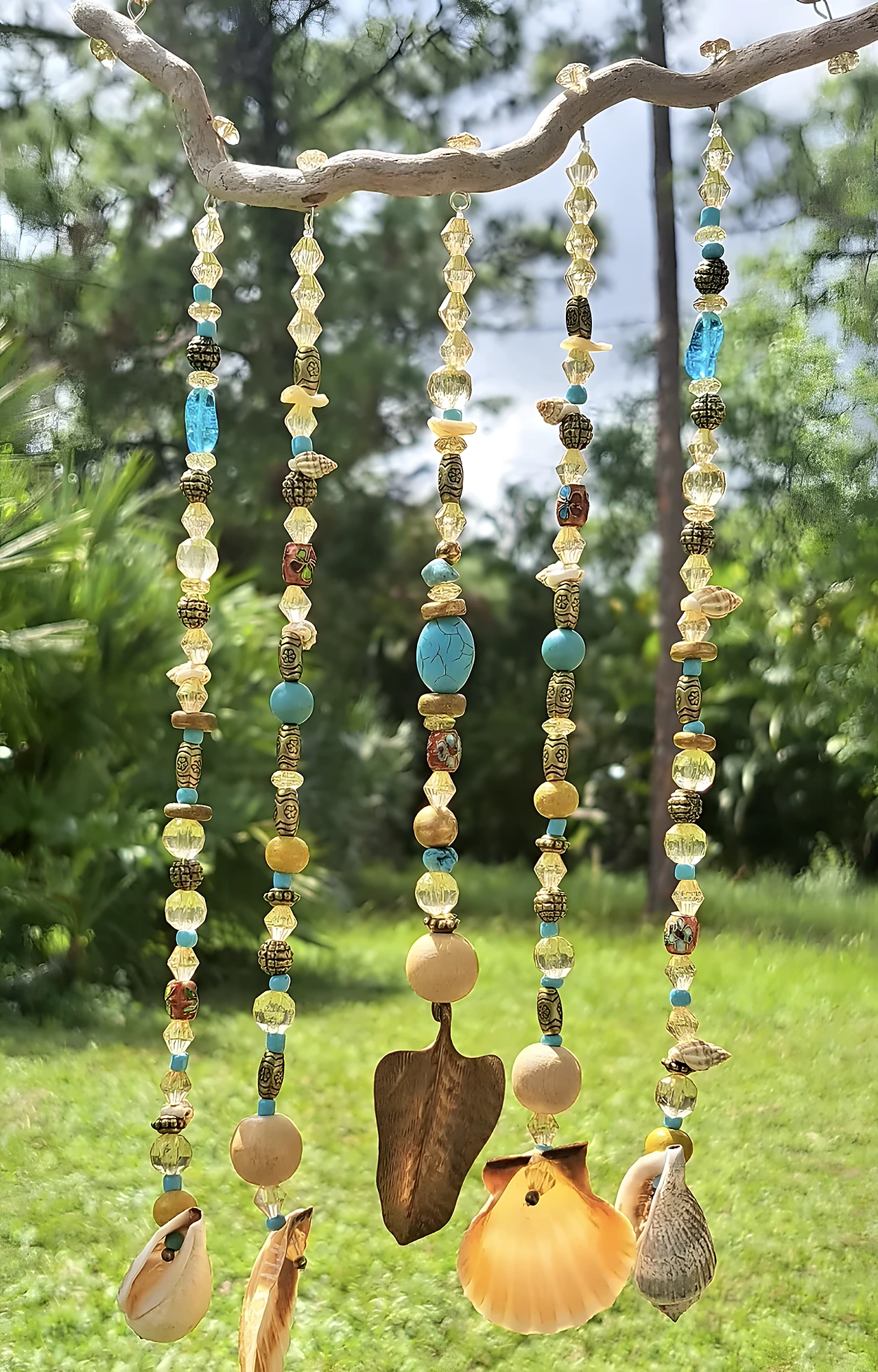 Hanging Shell Wind Chime with Layered White, Tan, and Spotted Seashells