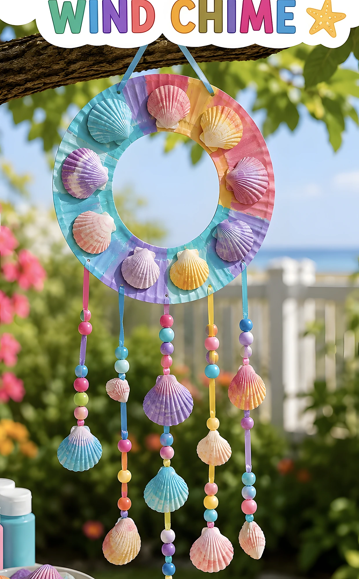 Pastel Shell Wind Chime With Beaded Tassels and a Rainbow Ring