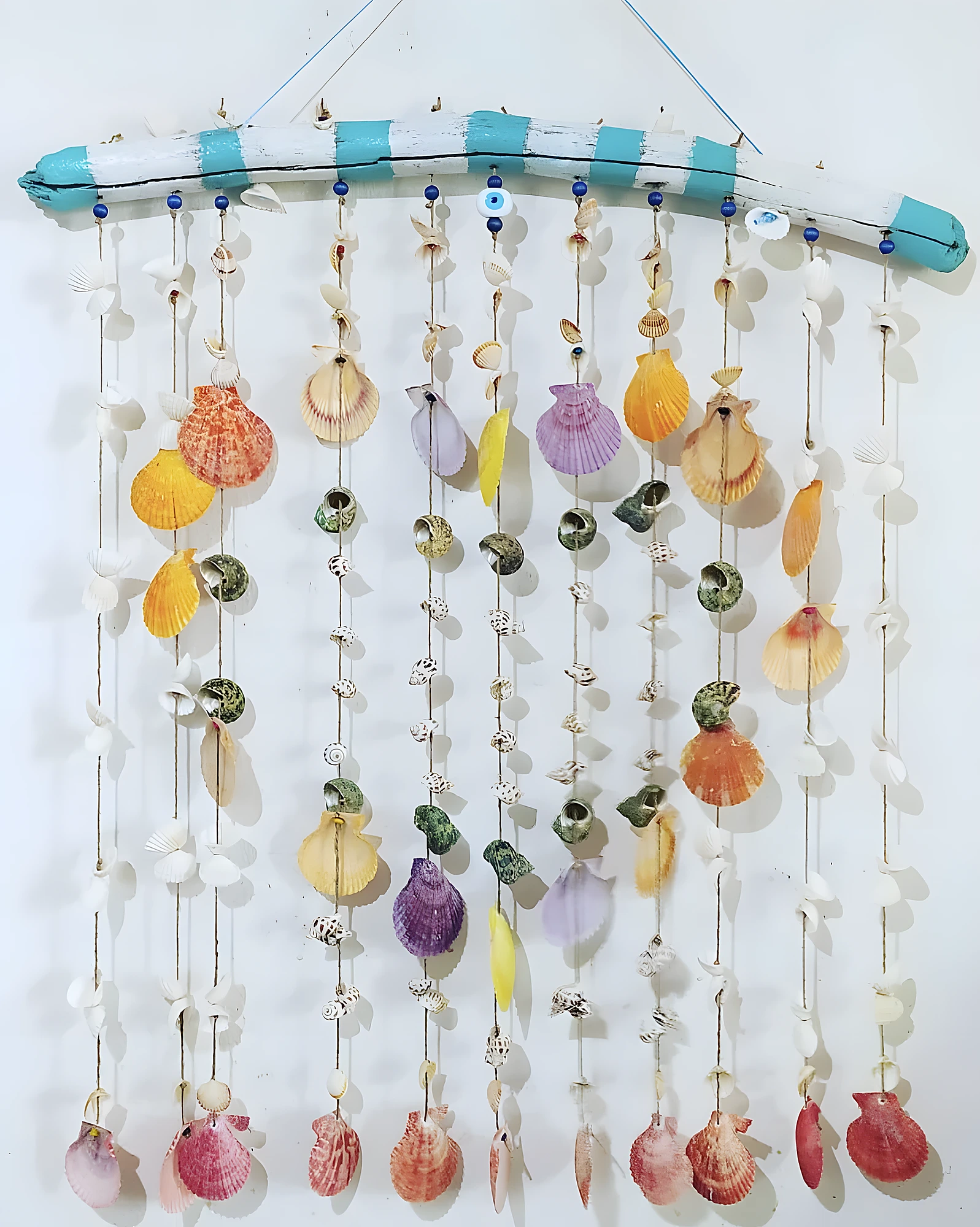 Seashell Wind Chime with Painted Beam and Soft Pastel Drops