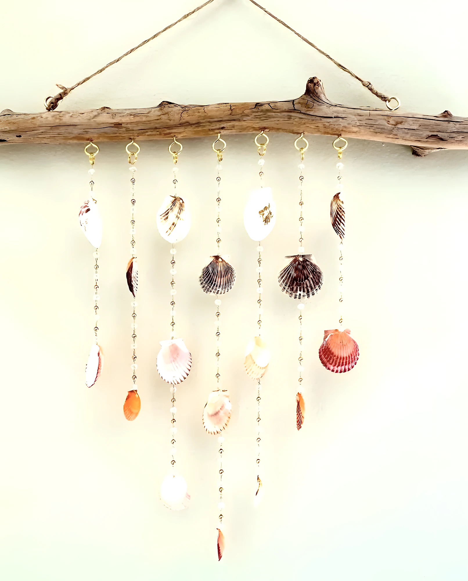 Driftwood Shell Wind Chime with Soft Coastal Beads and Hanging Strands