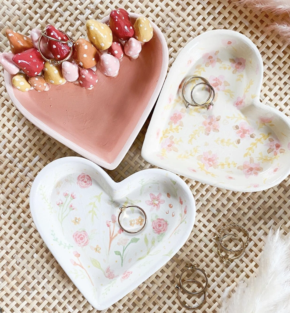 Hand-Painted Heart-Shaped Clay Ring Dishes