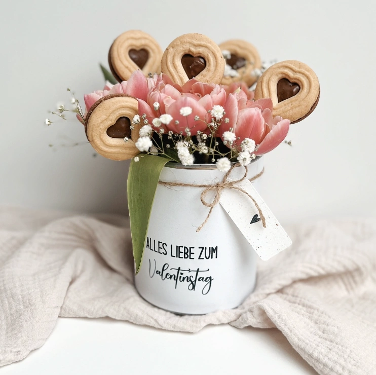 Heart-Shaped Cookie and Tulip Bouquet in Painted Mason Jar