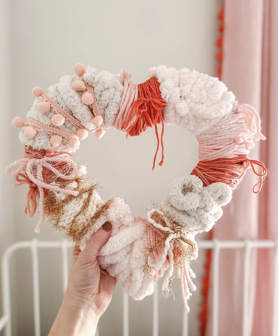 Fuzzy Yarn and Pom-Pom Heart-Shaped Wreath