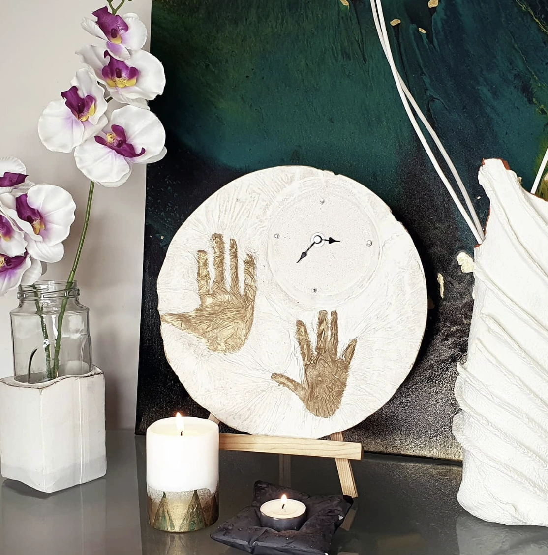 Pastel Painted Concrete Bunny Figures and Flower