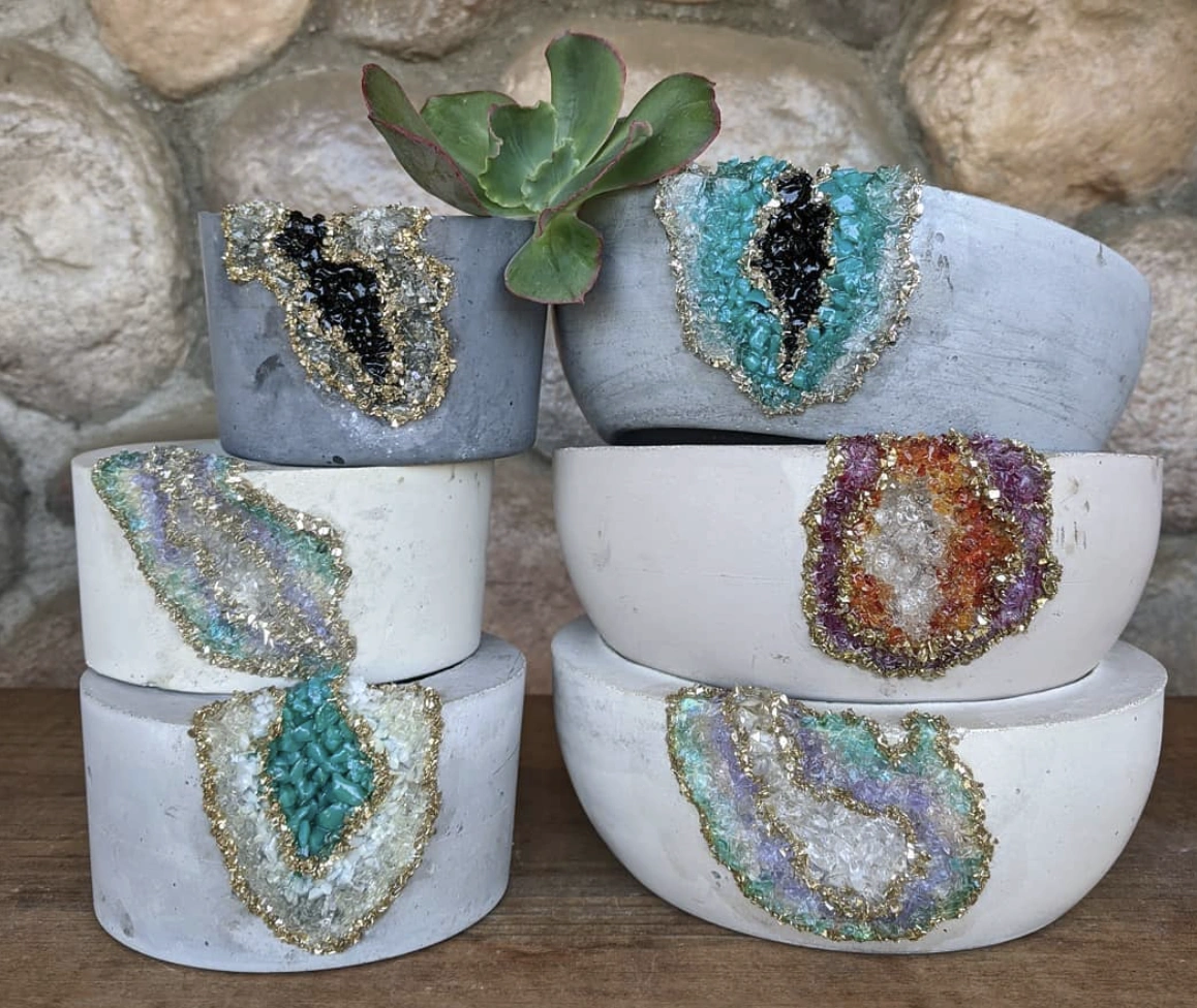 Tiered Display of Handcrafted Cement Planters