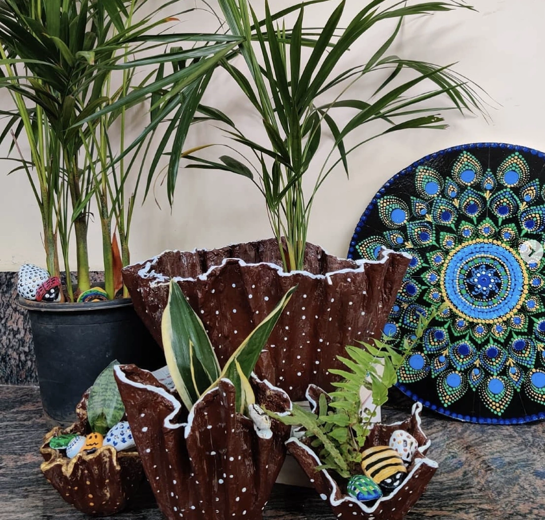 Handmade Brown Cement Planters with Polka Dots and Decorative Stones