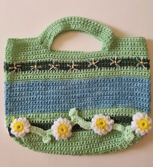 Cream Crochet Tote with Pink Bow Accents