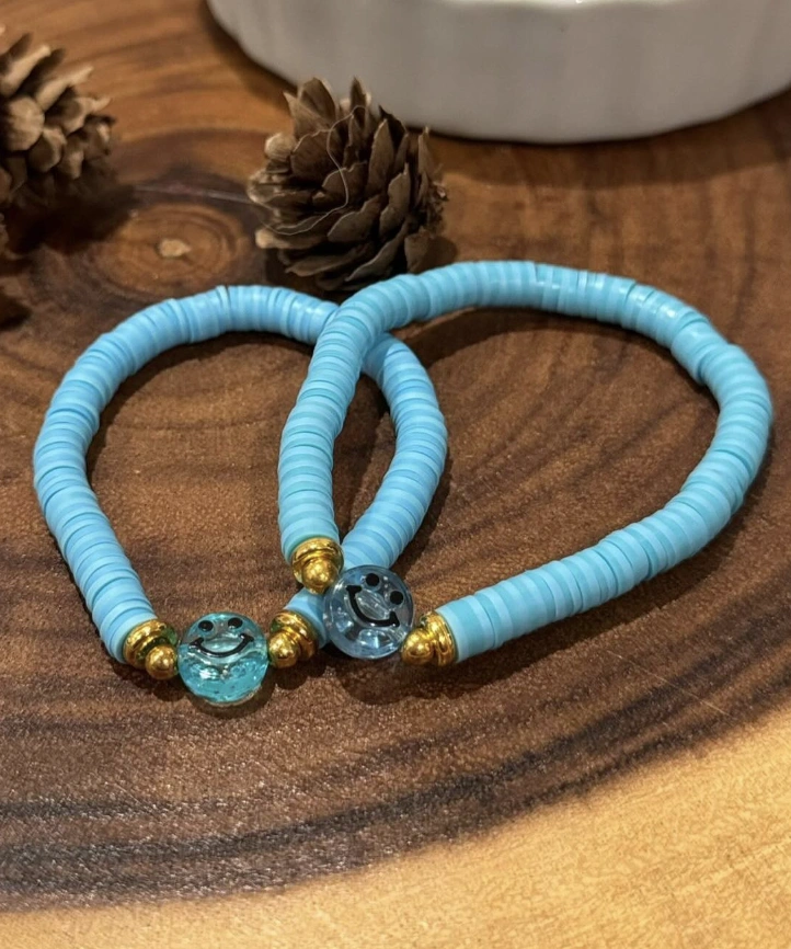 Aqua Heishi Bead Bracelets with Smiley Accents