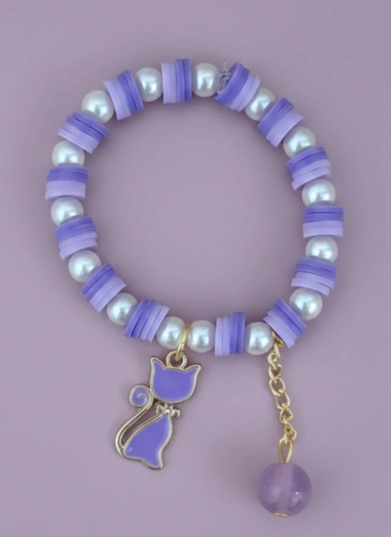 Lavender Clay Disc Bracelet with Pearl Accents and Kitty Charm