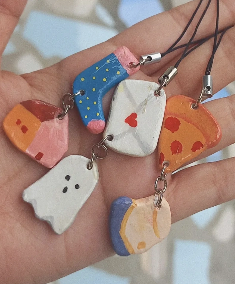 Quirky Handmade Air Dry Clay Charms: Pizza, Ghost, and More.