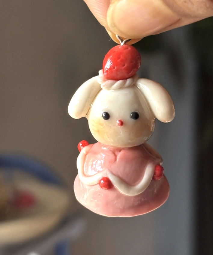 Strawberry Topped Bunny Girl Clay Charm