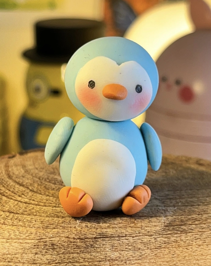 Baby Blue Penguin: Polymer Clay Figurine with Blush Cheeks