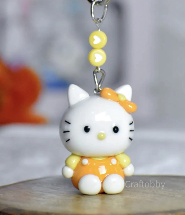 Chubby Gray Cat Keychain with Pink Heart